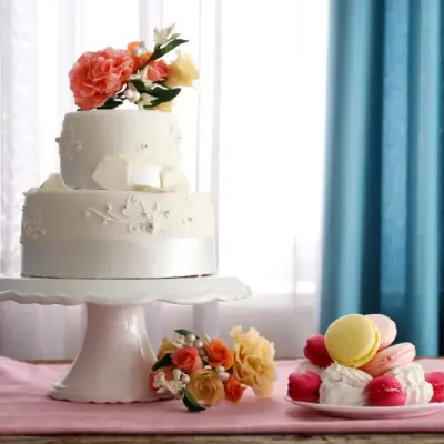 Beautiful Wedding Cake Decorated With Flowers Pink Table Room