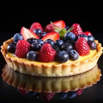 Delicious Berry Tart With Golden Crust Reflection Black Surface